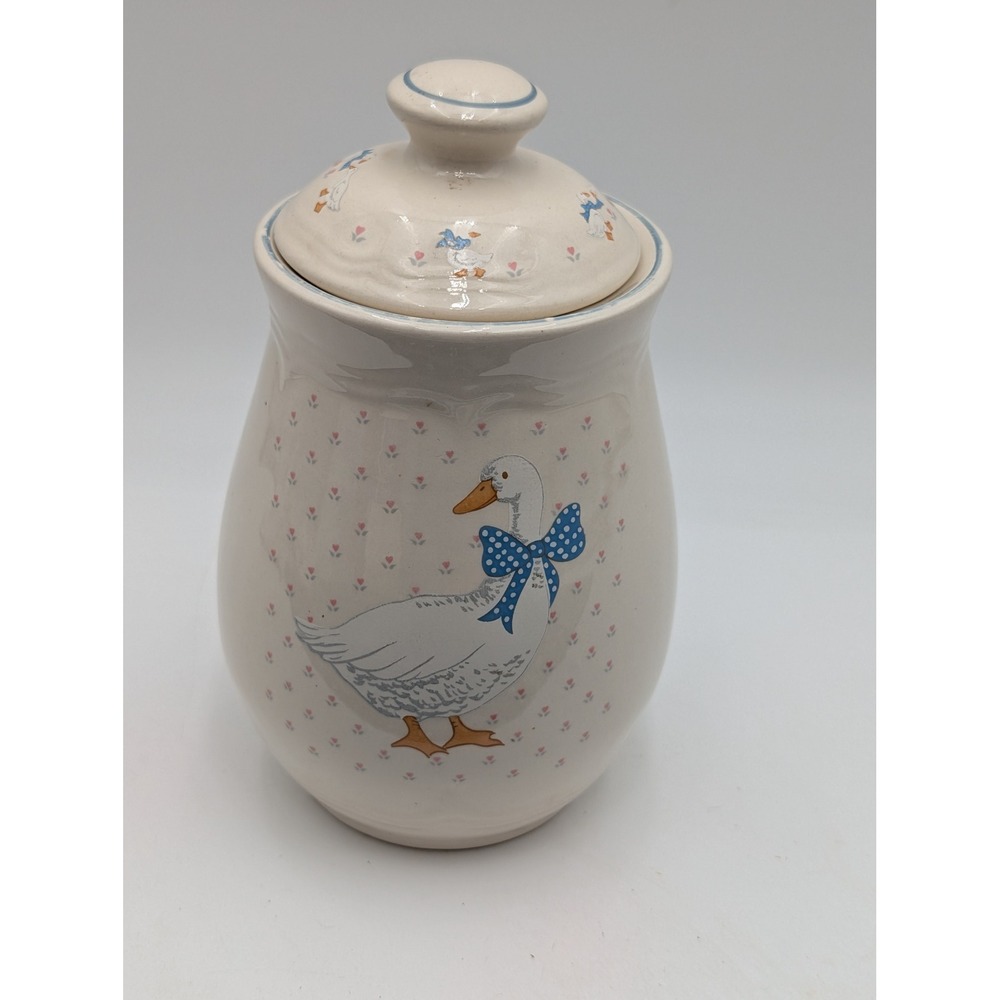 Tienshan Stoneware Canister Cream Aunt Rhody Goose Blue Polka Dot Bow Lid 7 in